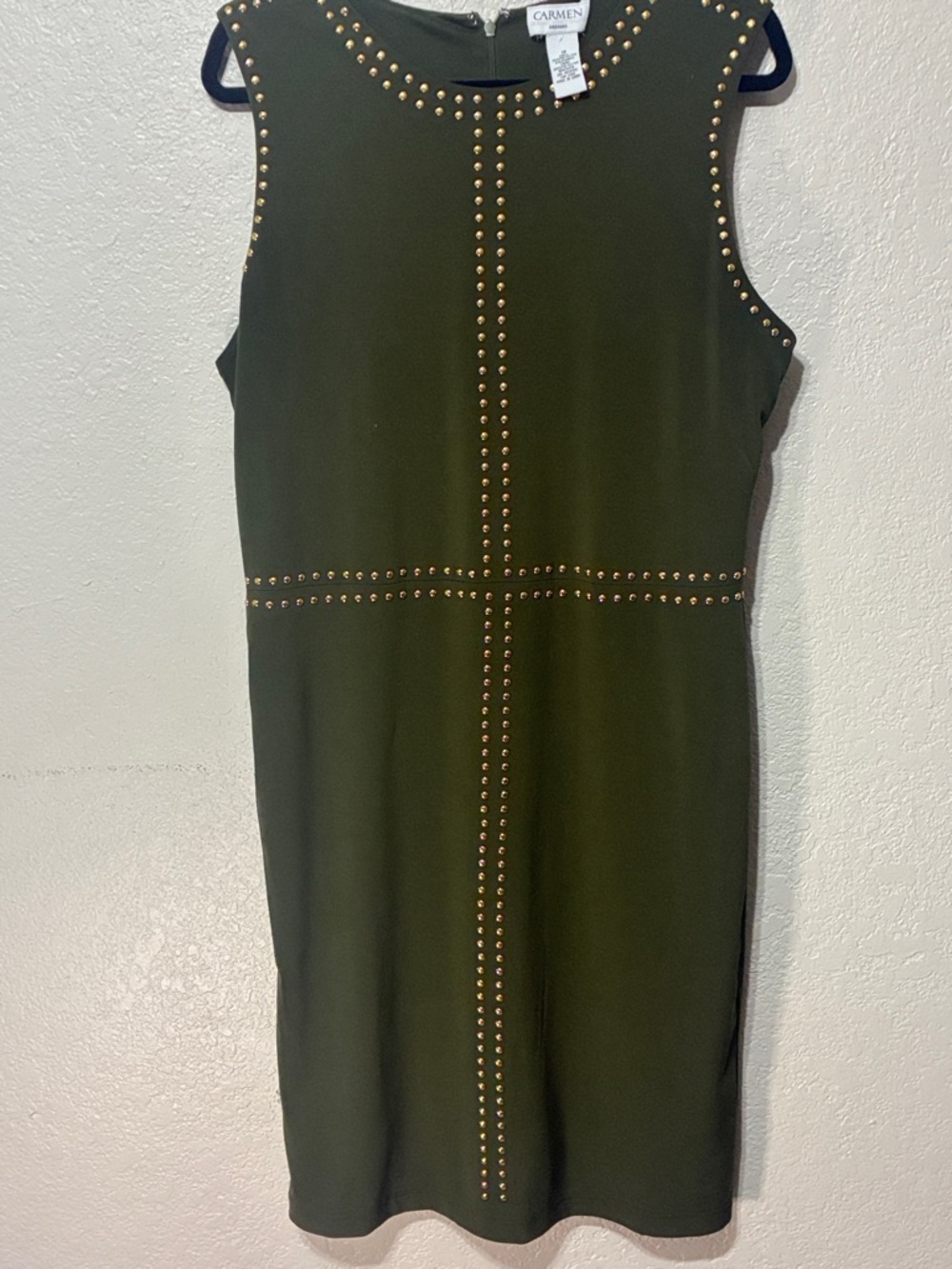 Carmen Marc Valvo Olive Green Studded Sheath Dress